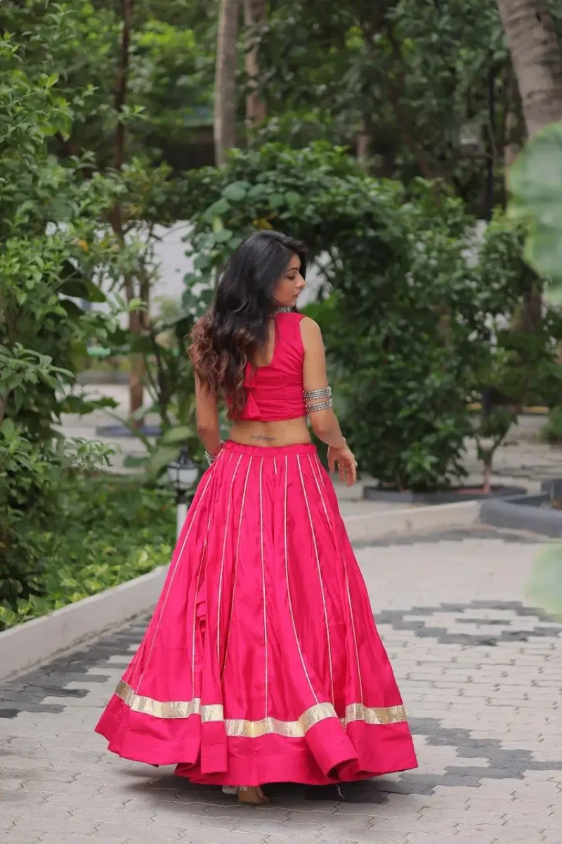 Pink Roman Gota Patti Kutchi Mirror Navratri Lehenga back side look