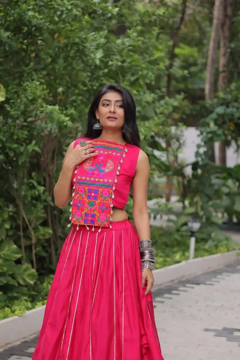 Pink Roman Gota Patti Kutchi Mirror Navratri Lehenga close look