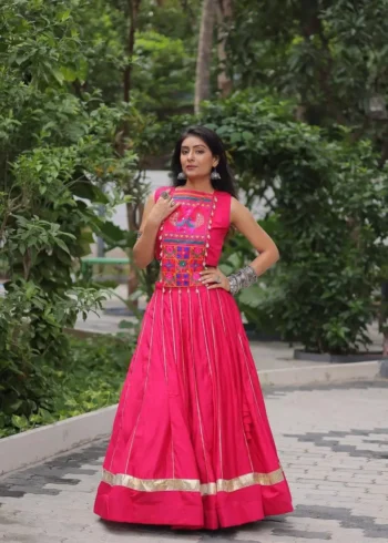 Pink Roman Gota Patti Kutchi Mirror Navratri Lehenga