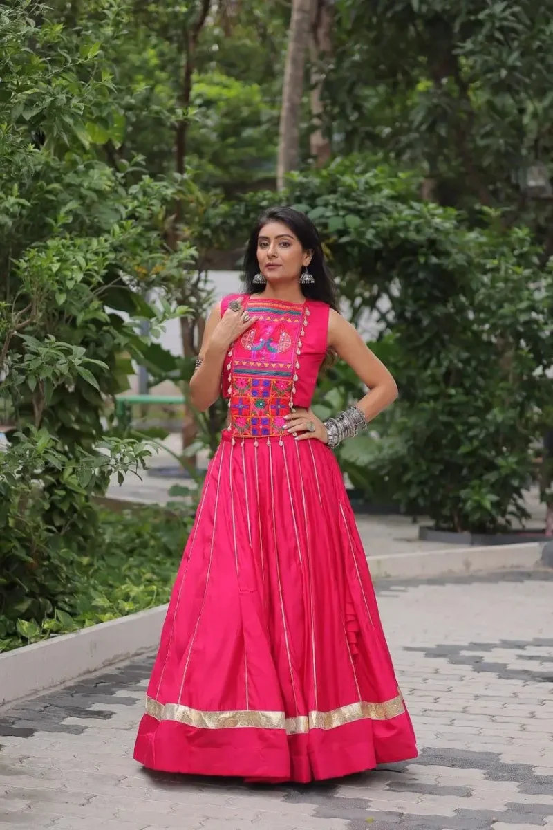 Pink Roman Gota Patti Kutchi Mirror Navratri Lehenga