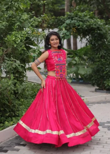 Pink Roman Gota Patti Kutchi Mirror Navratri Lehenga flair look