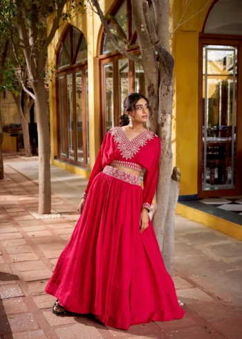 Pink Vichitra Silk Co-Ord Set Lehenga with Thread Embroidery full front look