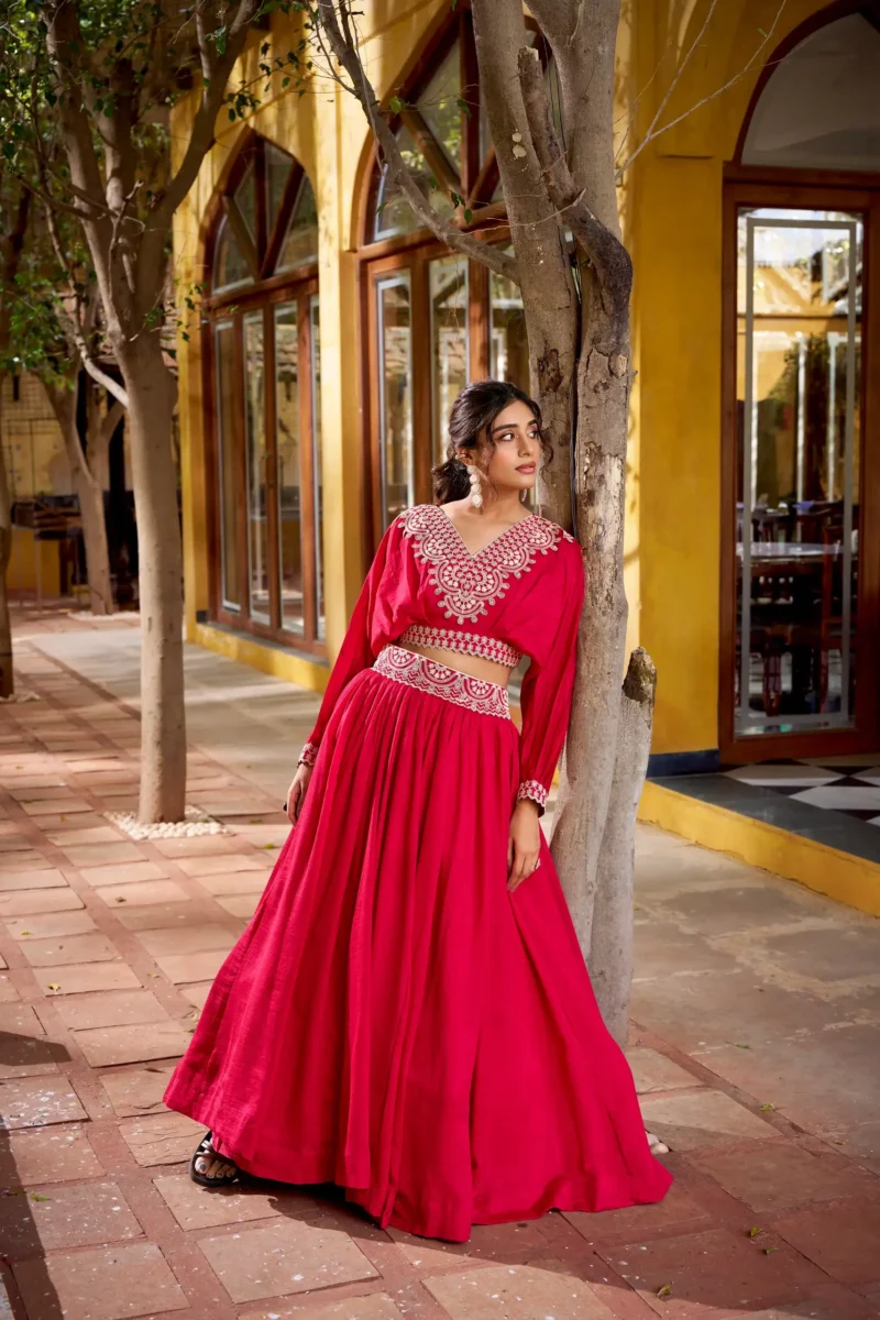 Pink Vichitra Silk Co-Ord Set Lehenga with Thread Embroidery full front look