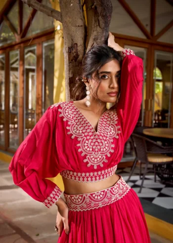 Pink Vichitra Silk Co-Ord Set Lehenga with Thread Embroidery close look