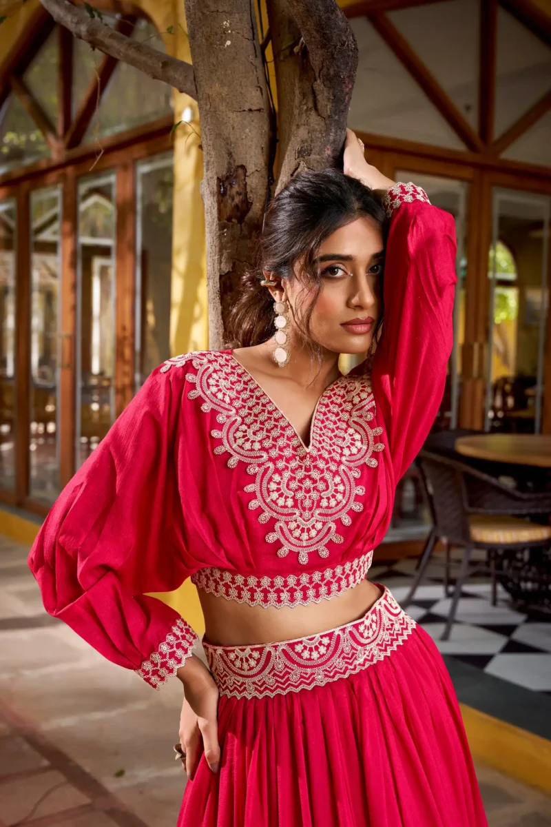 Pink Vichitra Silk Co-Ord Set Lehenga with Thread Embroidery close look