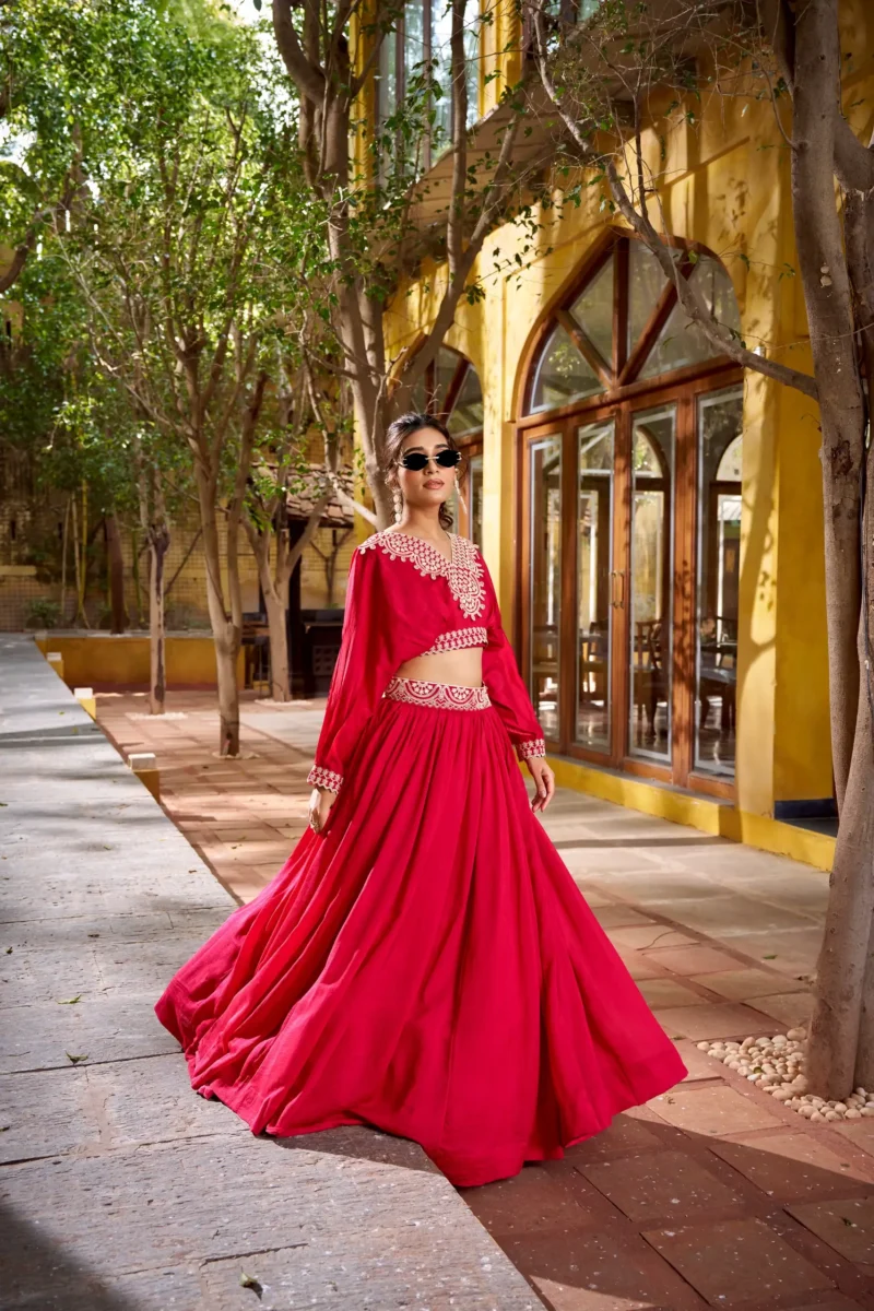 Pink Vichitra Silk Co-Ord Set Lehenga with Thread Embroidery flair look