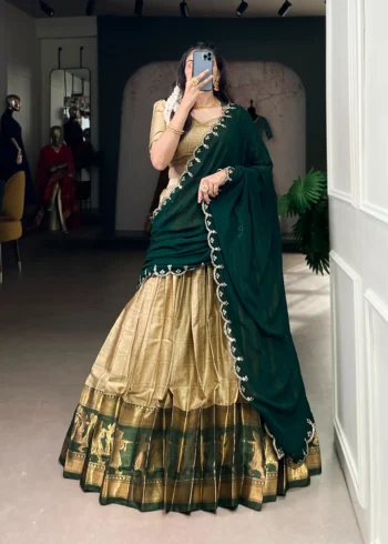 Cream Colour Poly Cotton Zari Weaving Half Saree Lehenga front look