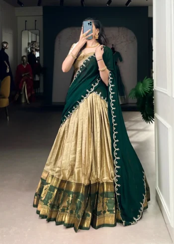 Cream Colour Poly Cotton Zari Weaving Half Saree Lehenga