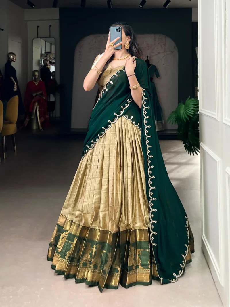 Cream Colour Poly Cotton Zari Weaving Half Saree Lehenga
