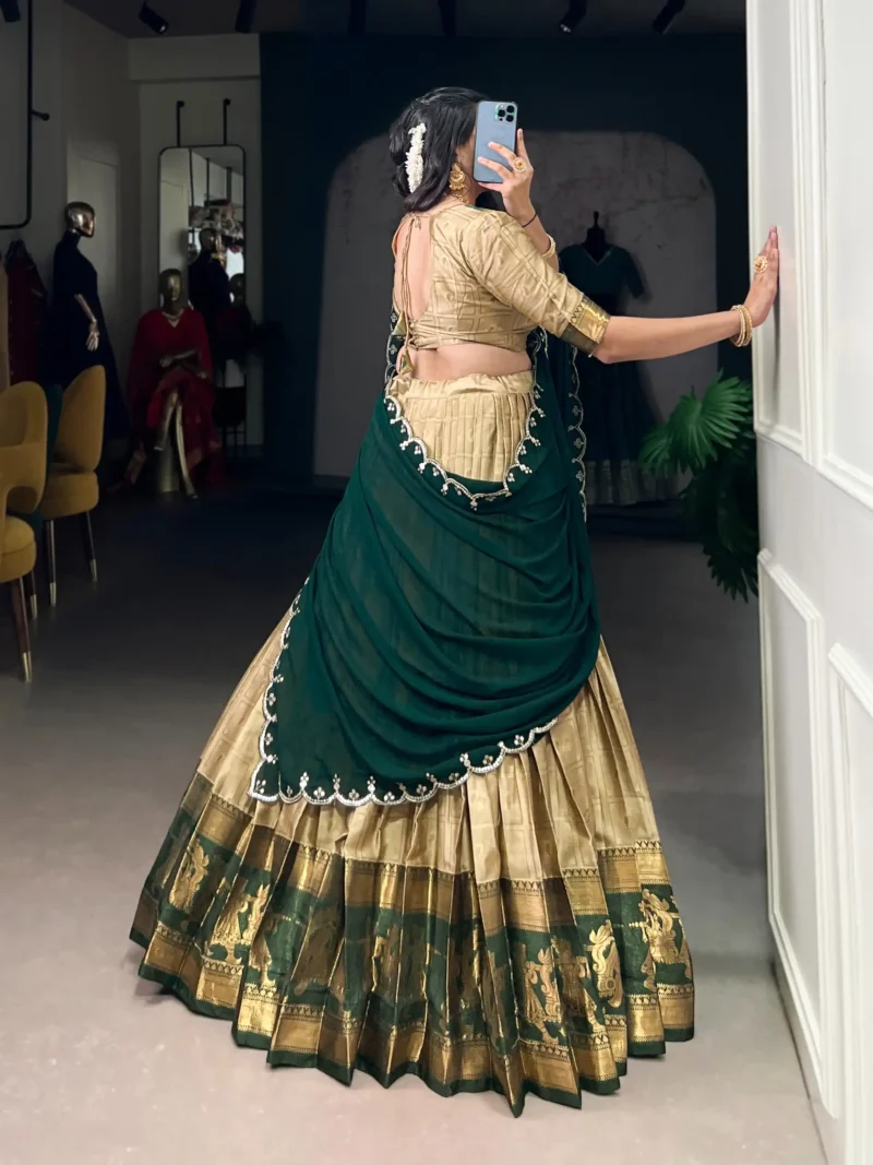 Cream Colour Poly Cotton Zari Weaving Half Saree Lehenga back design