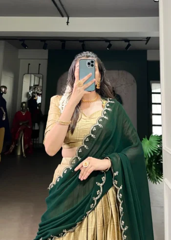 Cream Colour Poly Cotton Zari Weaving Half Saree Lehenga close look
