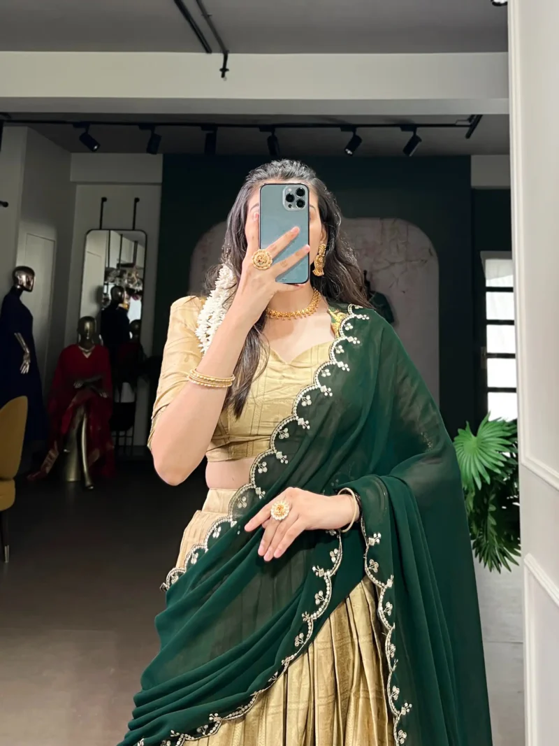 Cream Colour Poly Cotton Zari Weaving Half Saree Lehenga close look