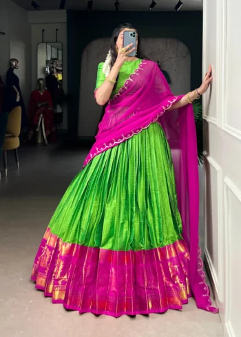 Parrot Green Colour Poly Cotton Zari Weaving Half Saree Lehenga front look