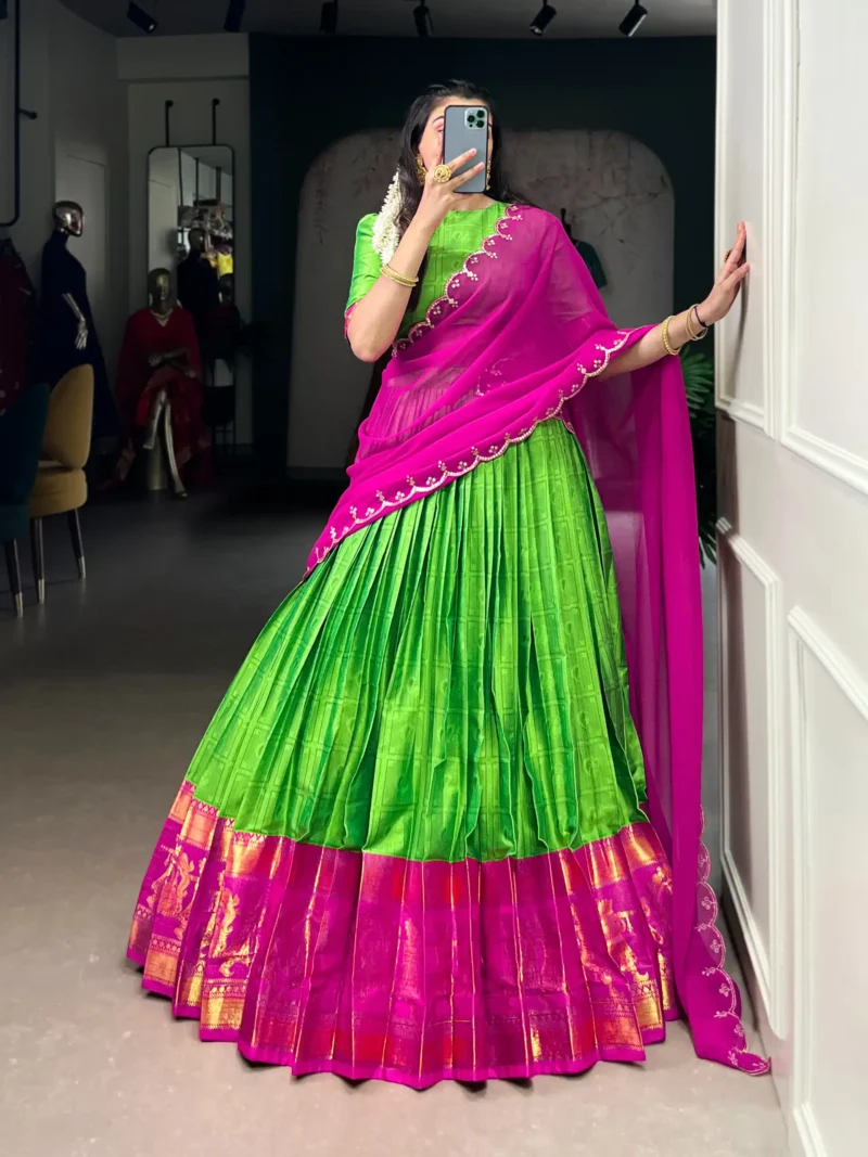 Parrot Green Colour Poly Cotton Zari Weaving Half Saree Lehenga front look