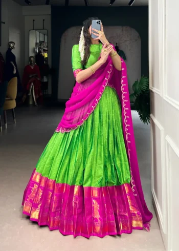 Parrot Green Colour Poly Cotton Zari Weaving Half Saree Lehenga