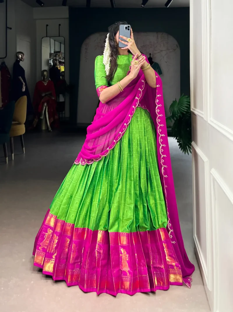 Parrot Green Colour Poly Cotton Zari Weaving Half Saree Lehenga