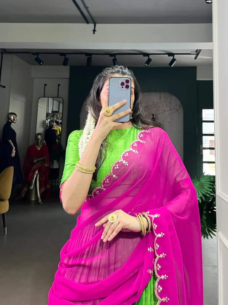 Parrot Green Colour Poly Cotton Zari Weaving Half Saree Lehenga close look
