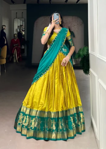 Yellow Colour Poly Cotton Zari Weaving Half Saree Lehenga front look