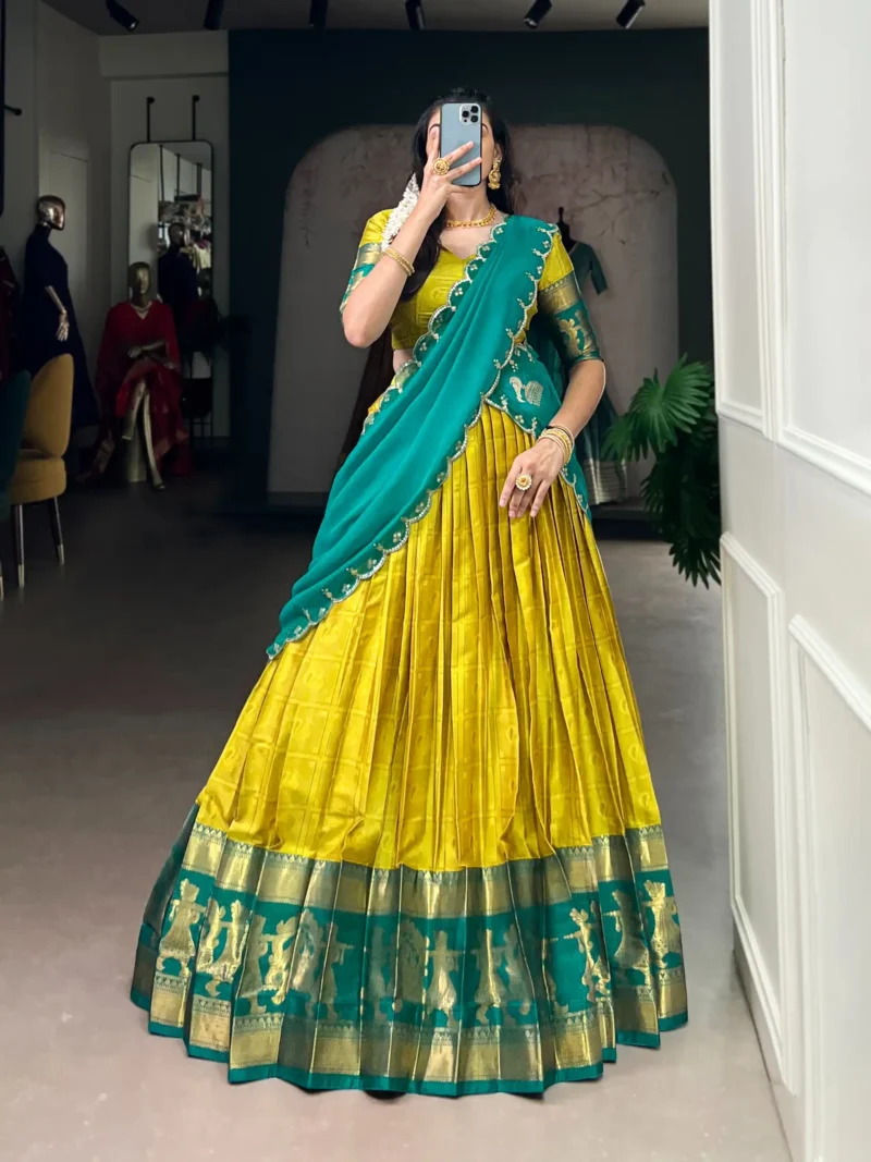 Yellow Colour Poly Cotton Zari Weaving Half Saree Lehenga front look