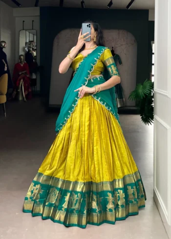 Yellow Colour Poly Cotton Zari Weaving Half Saree Lehenga