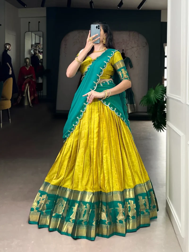 Yellow Colour Poly Cotton Zari Weaving Half Saree Lehenga