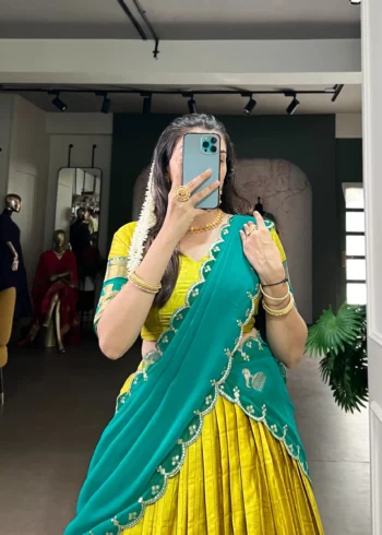 Yellow Colour Poly Cotton Zari Weaving Half Saree Lehenga close look