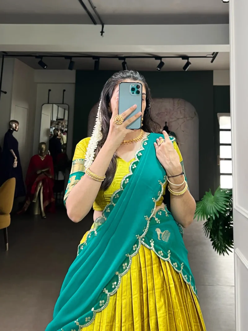 Yellow Colour Poly Cotton Zari Weaving Half Saree Lehenga close look
