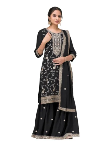 Black Premium Semi-Stitched Vichitra Wedding Silk Suit Set with Embroidery
