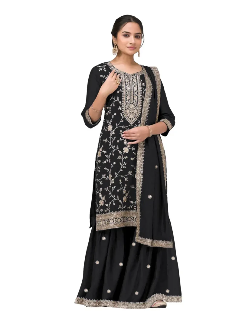 Black Premium Semi-Stitched Vichitra Wedding Silk Suit Set with Embroidery