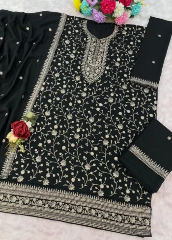 Black Premium Semi-Stitched Vichitra Wedding Silk Suit Set with Embroidery live