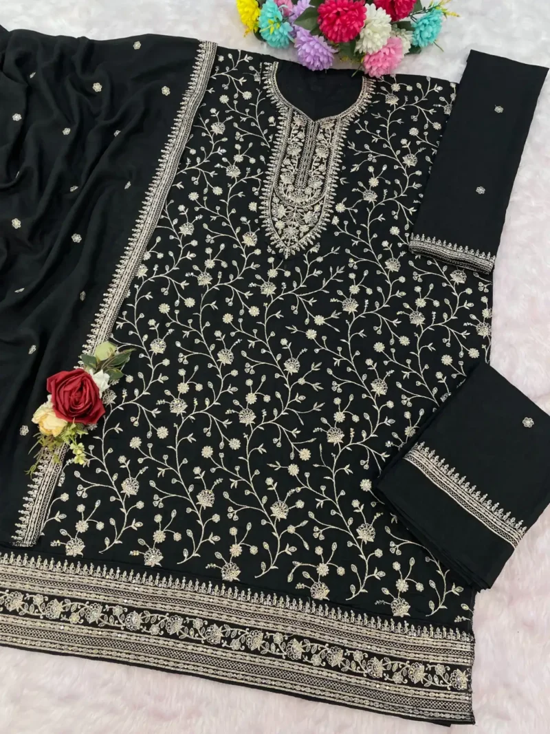 Black Premium Semi-Stitched Vichitra Wedding Silk Suit Set with Embroidery live