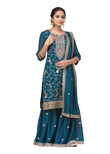 Blue Premium Semi-Stitched Vichitra Wedding Silk Suit Set with Embroidery