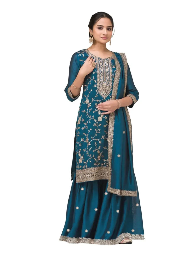 Blue Premium Semi-Stitched Vichitra Wedding Silk Suit Set with Embroidery