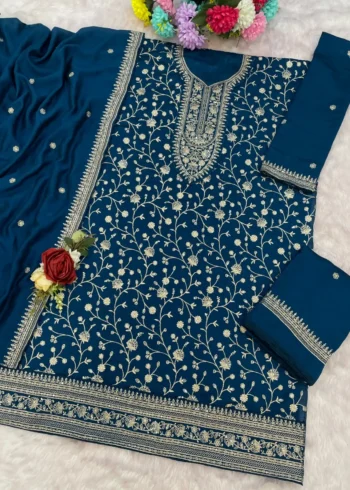 Black Premium Semi-Stitched Vichitra Wedding Silk Suit Set with Embroidery live