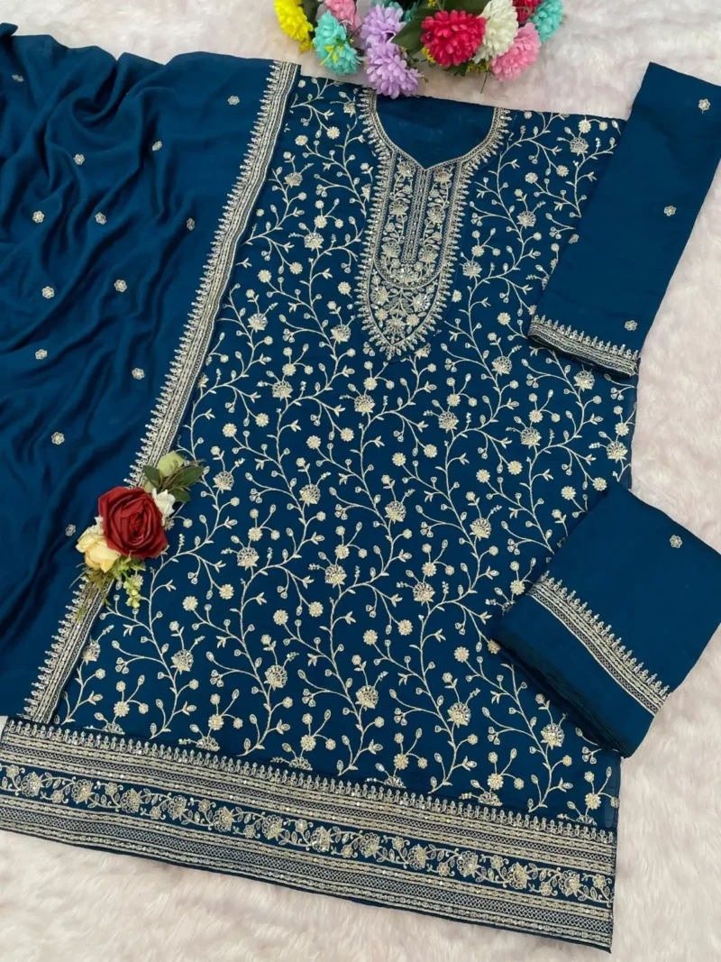 Black Premium Semi-Stitched Vichitra Wedding Silk Suit Set with Embroidery live