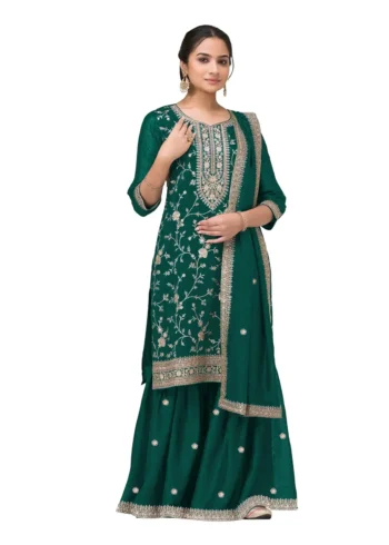 Green Premium Semi-Stitched Vichitra Wedding Silk Suit Set with Embroidery