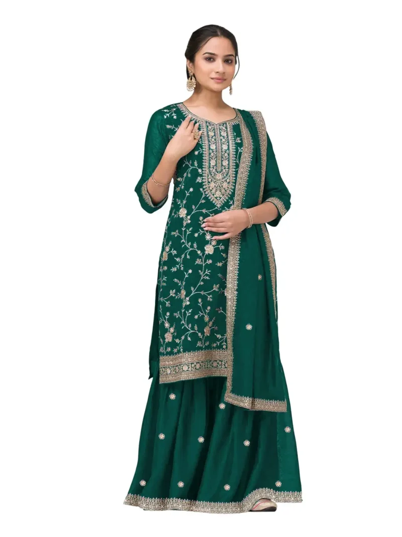 Green Premium Semi-Stitched Vichitra Wedding Silk Suit Set with Embroidery