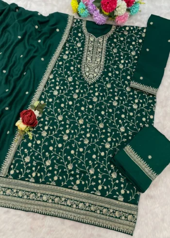Green Premium Semi-Stitched Vichitra Wedding Silk Suit Set with Embroidery live