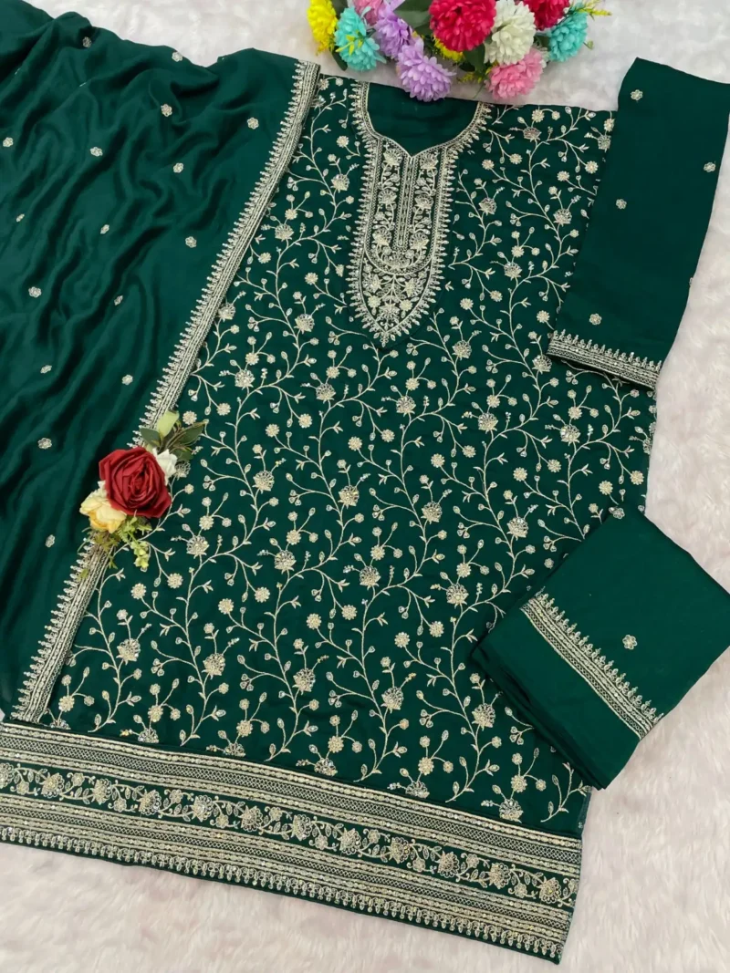 Green Premium Semi-Stitched Vichitra Wedding Silk Suit Set with Embroidery live
