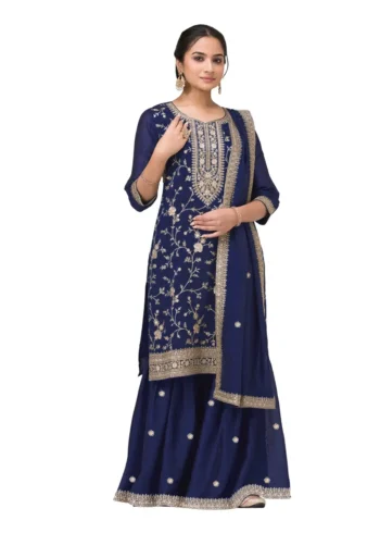 Navy blue Premium Semi-Stitched Vichitra Wedding Silk Suit Set with Embroidery