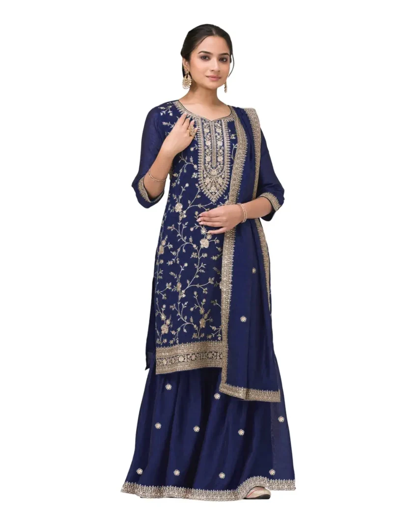 Navy blue Premium Semi-Stitched Vichitra Wedding Silk Suit Set with Embroidery
