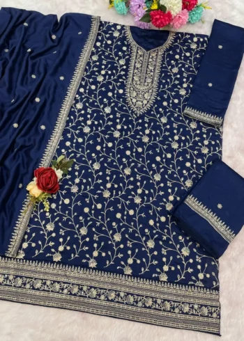 Navy blue Premium Semi-Stitched Vichitra Wedding Silk Suit Set with Embroidery live