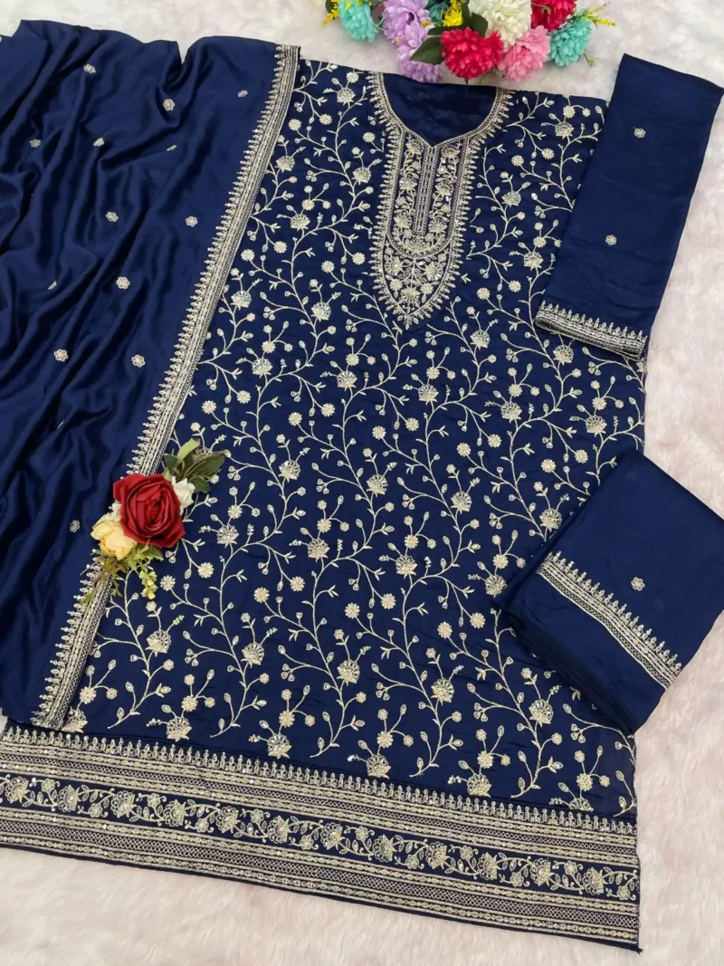 Navy blue Premium Semi-Stitched Vichitra Wedding Silk Suit Set with Embroidery live