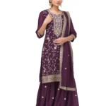 Wine Premium Semi-Stitched Vichitra Wedding Silk Suit Set with Embroidery