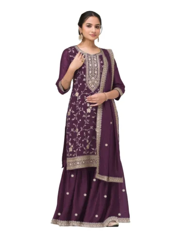 Wine Premium Semi-Stitched Vichitra Wedding Silk Suit Set with Embroidery