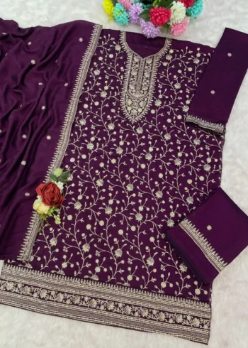 Wine Premium Semi-Stitched Vichitra Wedding Silk Suit Set with Embroidery live