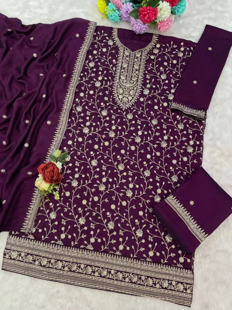 Wine Premium Semi-Stitched Vichitra Wedding Silk Suit Set with Embroidery live