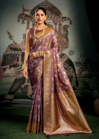 Pinkish Brown Colour Premium Soft Silk Wedding Saree with Jhallar front