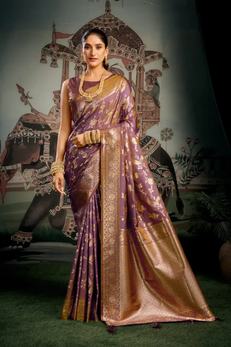 Pinkish Brown Colour Premium Soft Silk Wedding Saree with Jhallar front
