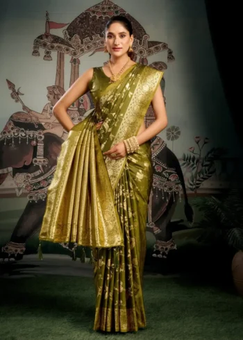 Olive Green Colour Premium Soft Silk Wedding Saree with Jhallar front look